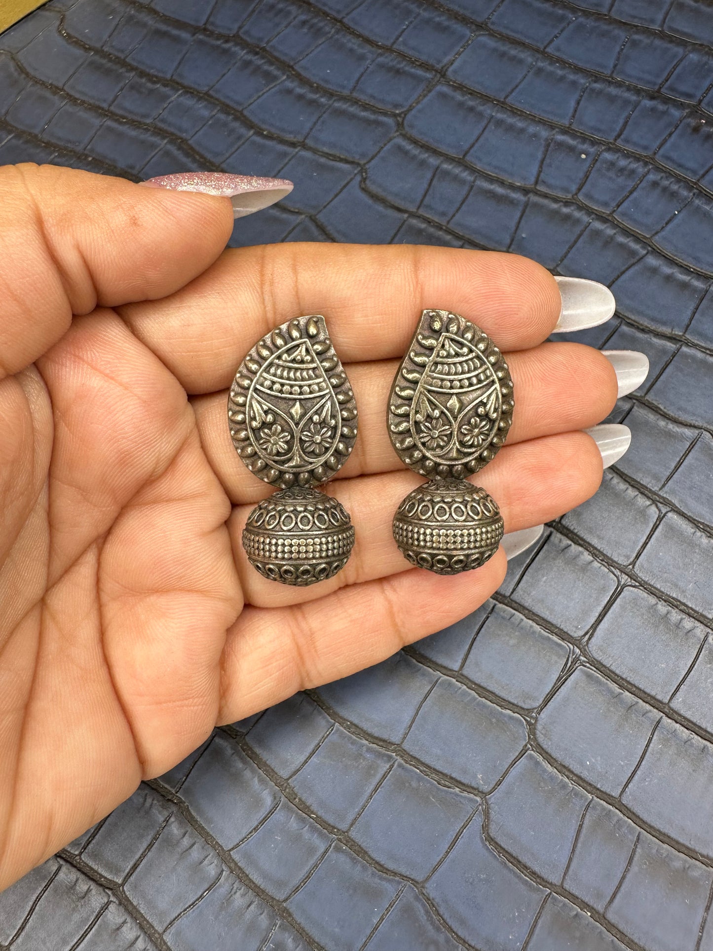 Oxidised Paisley Drop Earrings – German Silver Antique Design