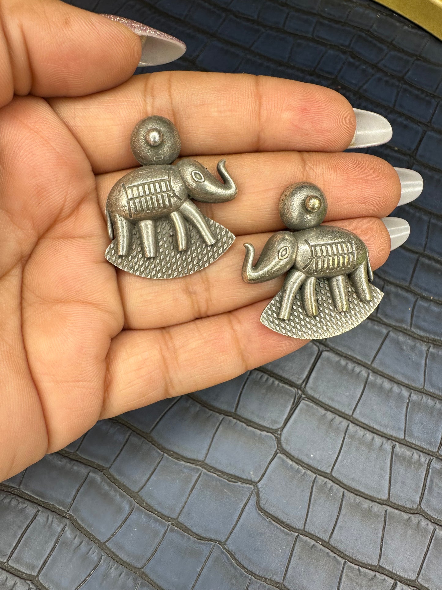 Oxidised Elephant Stud Earrings – Tribal German Silver Statement
