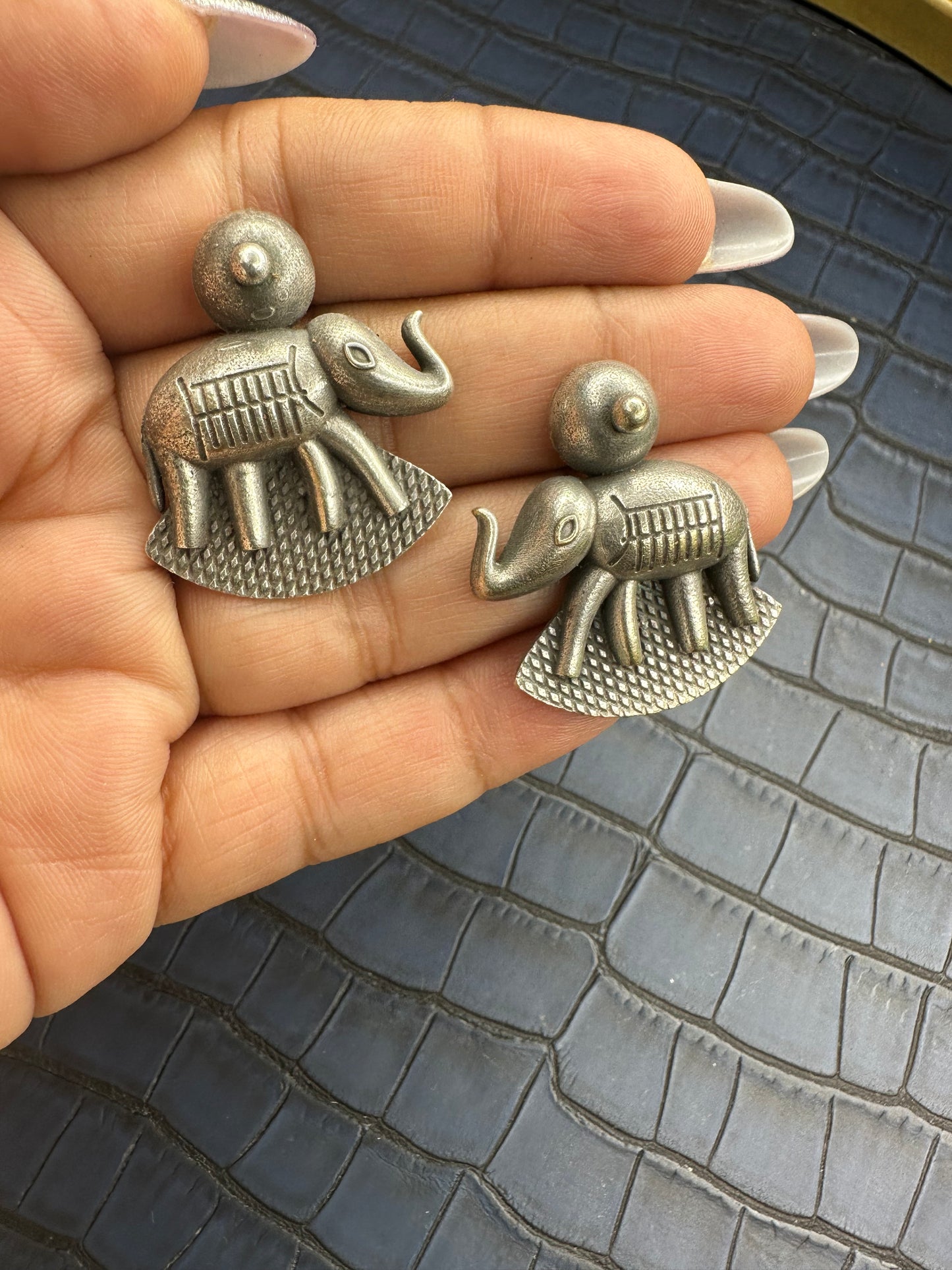 Oxidised Elephant Stud Earrings – Tribal German Silver Statement