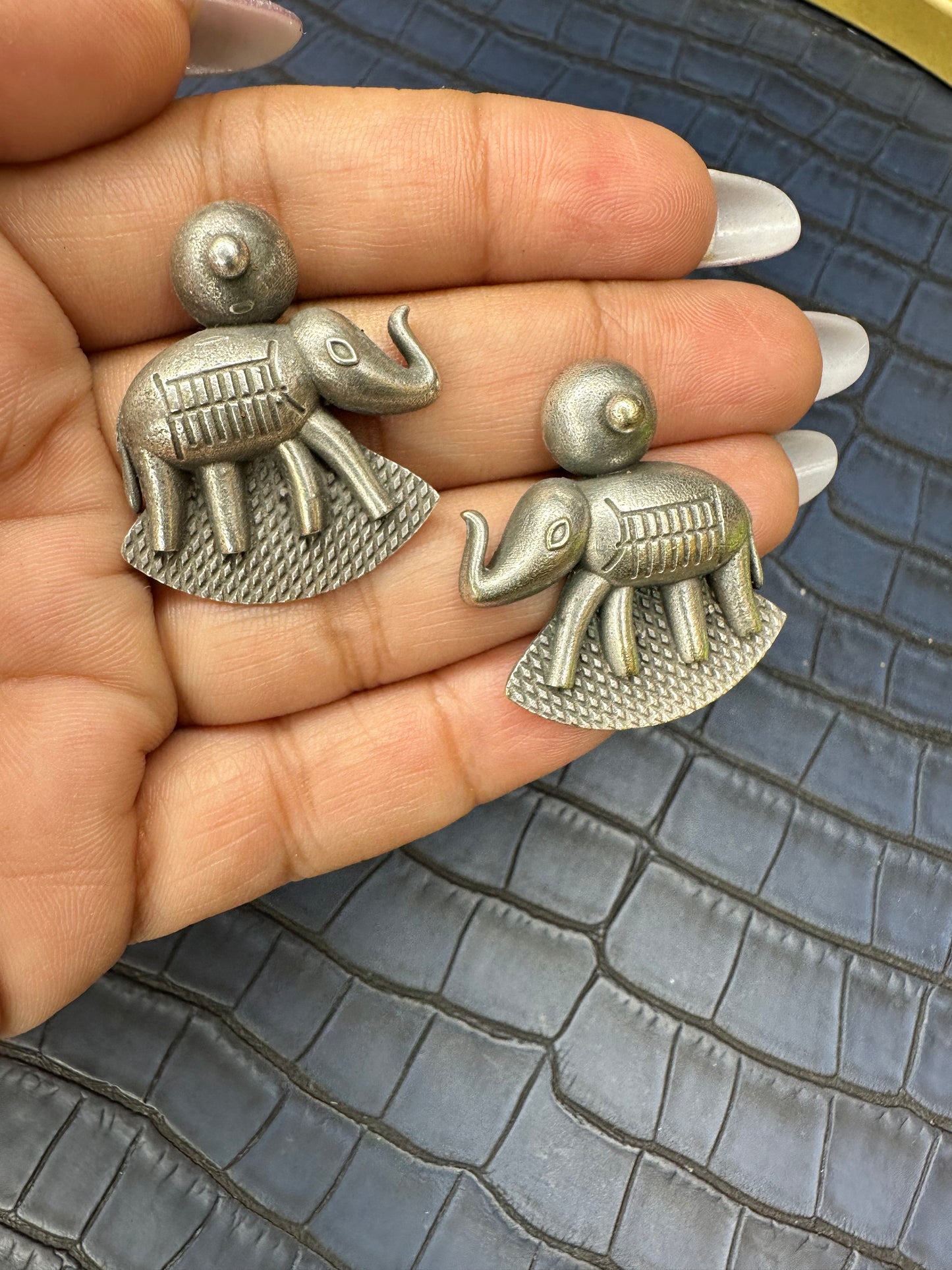 Oxidised Elephant Stud Earrings – Tribal German Silver Statement
