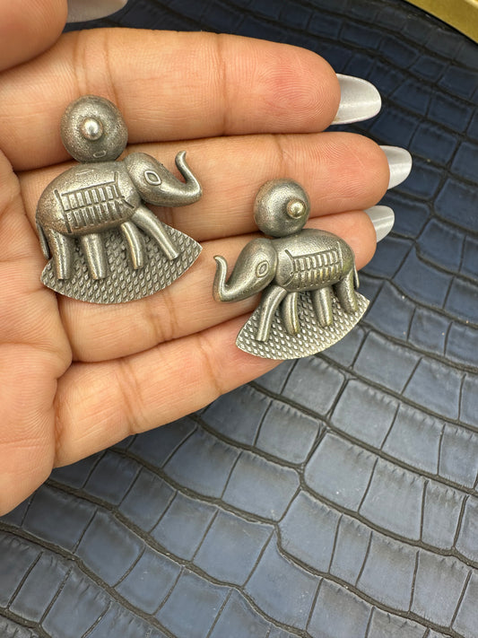 Oxidised Elephant Stud Earrings – Tribal German Silver Statement