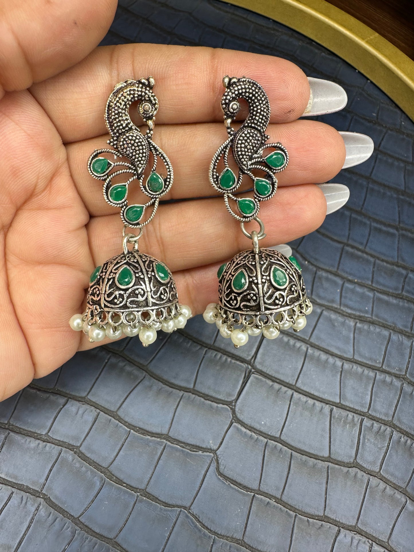 Oxidised Peacock Jhumka Earrings – Green Stone Pearl Drops