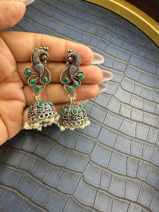 Oxidised Peacock Jhumka Earrings – Green Stone Pearl Drops