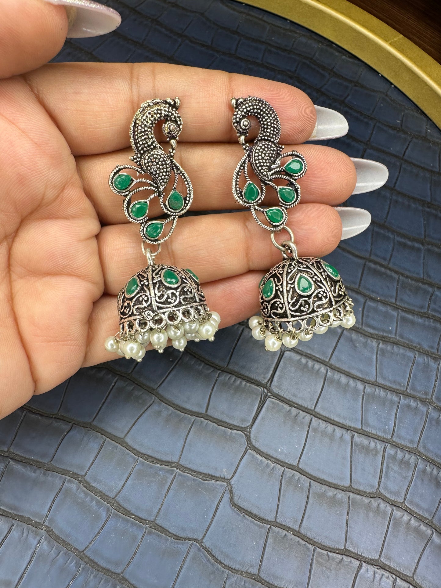 Oxidised Peacock Jhumka Earrings – Green Stone Pearl Drops