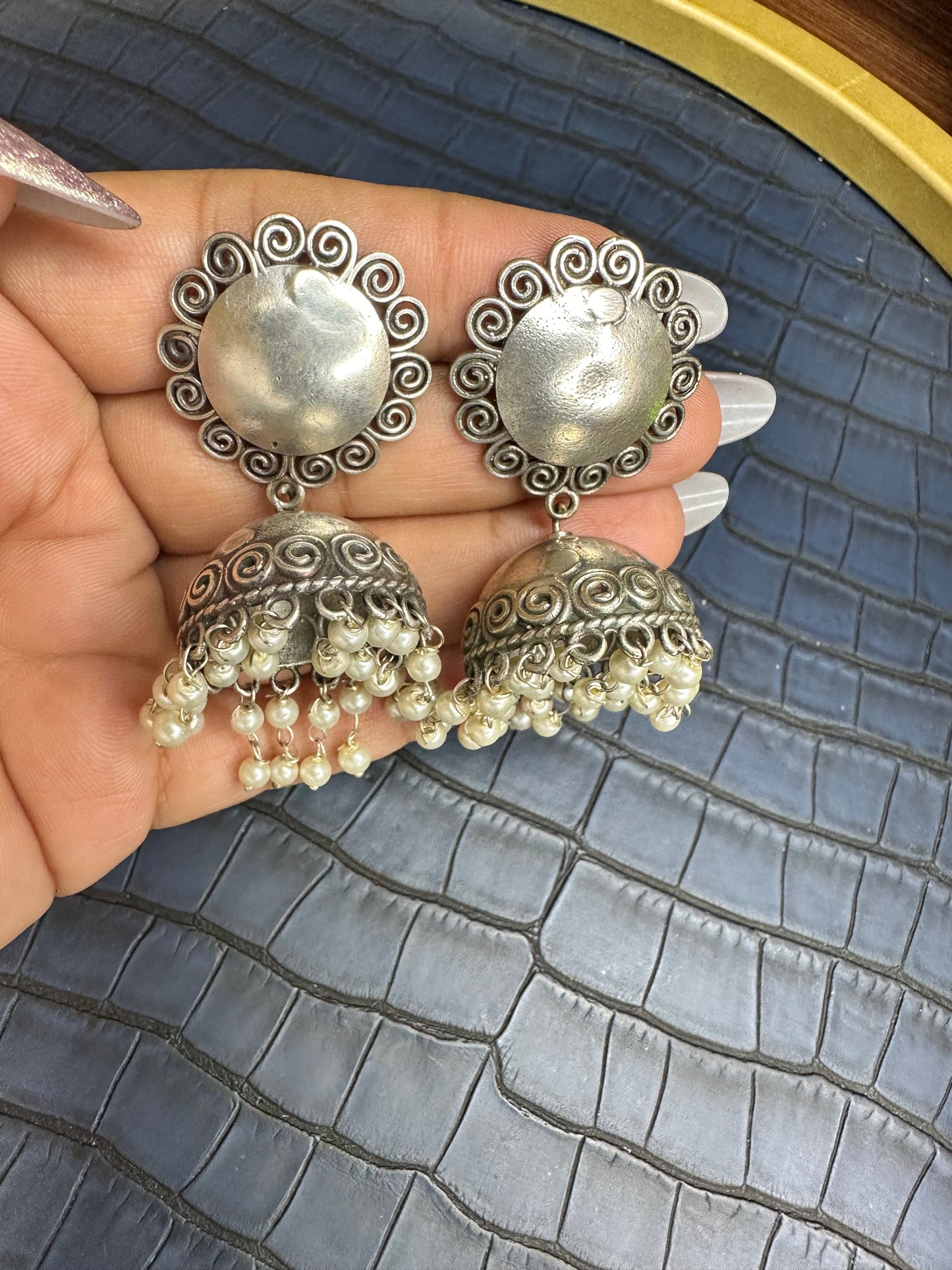 Oxidised Round Jhumka Earrings – German Silver Pearl Drops