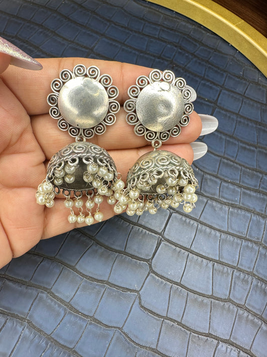 Oxidised Round Jhumka Earrings – German Silver Pearl Drops