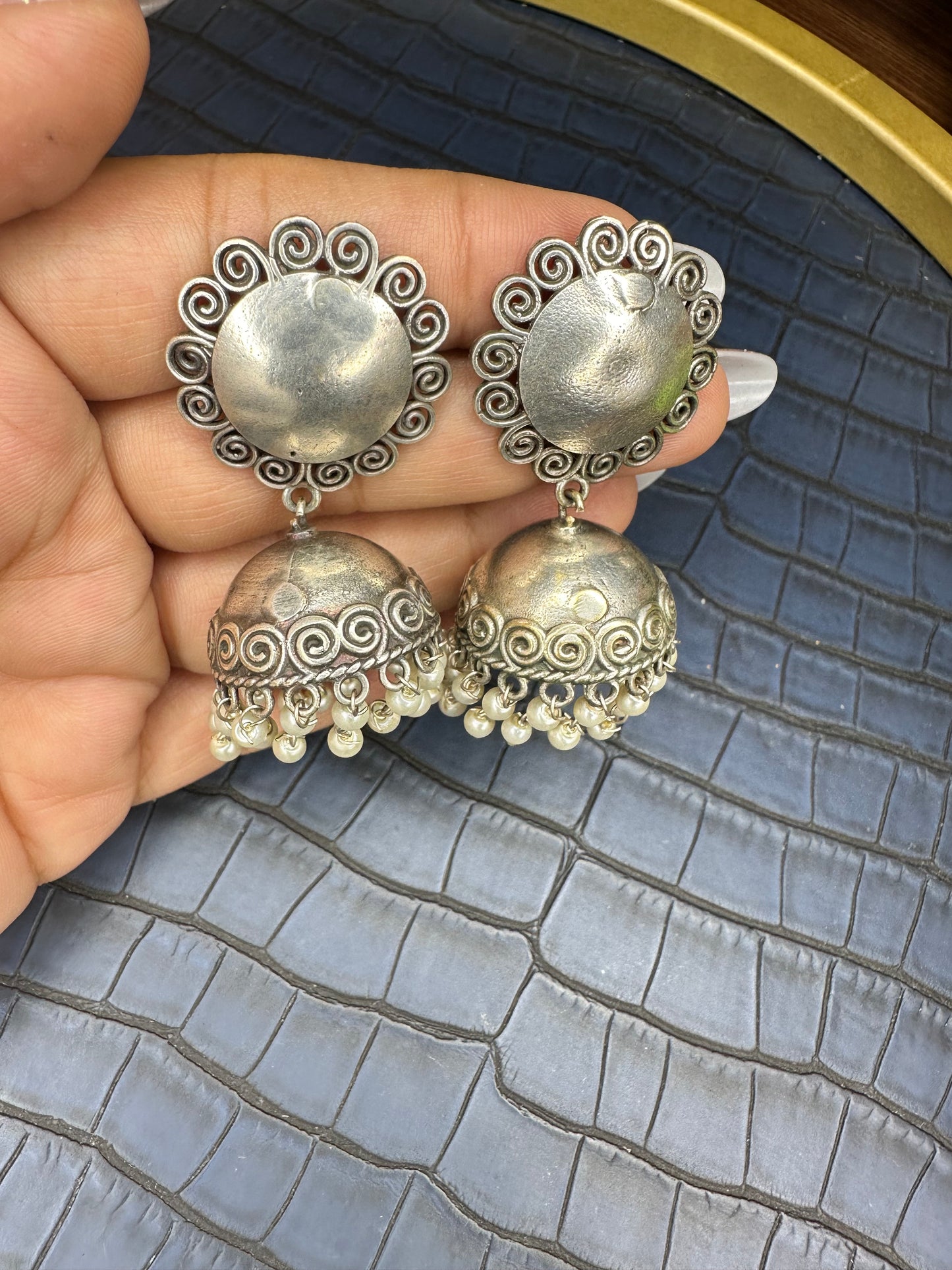 Oxidised Round Jhumka Earrings – German Silver Pearl Drops
