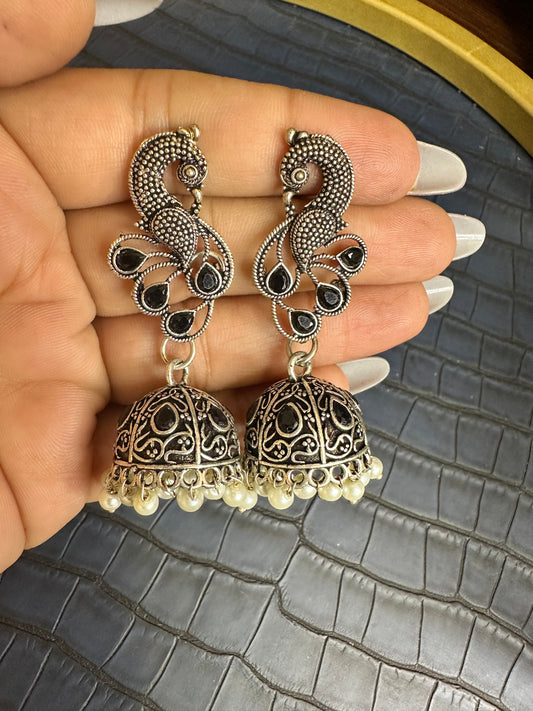Oxidised Peacock Jhumka Earrings – Black Stone Pearl Drops
