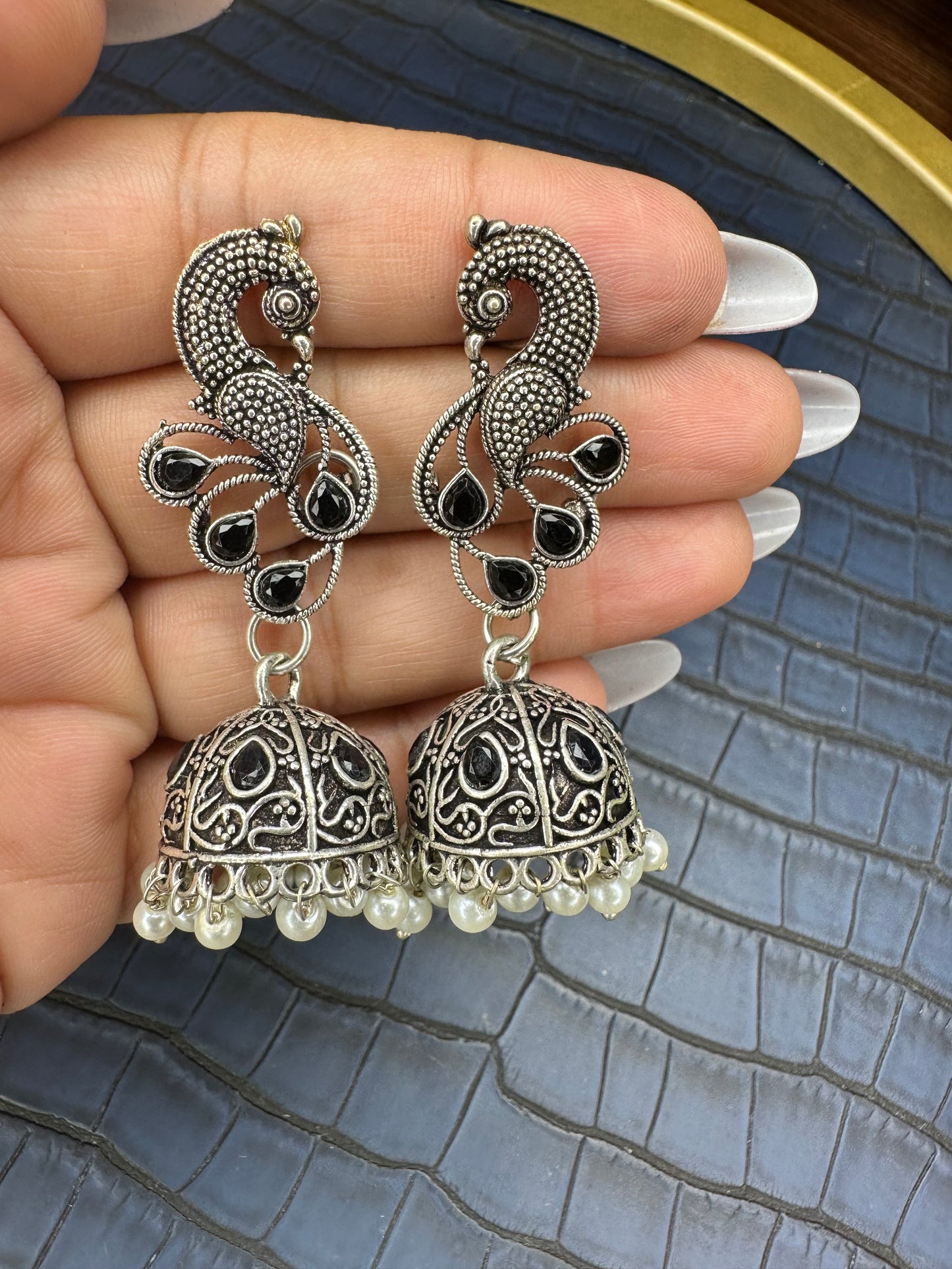 Oxidised Peacock Jhumka Earrings – Black Stone Pearl Drops