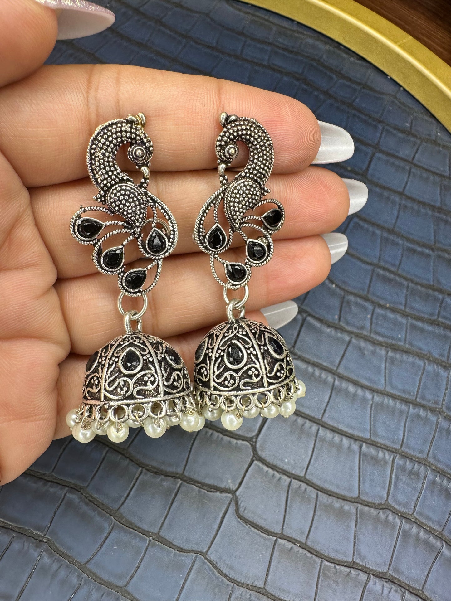 Oxidised Peacock Jhumka Earrings – Black Stone Pearl Drops