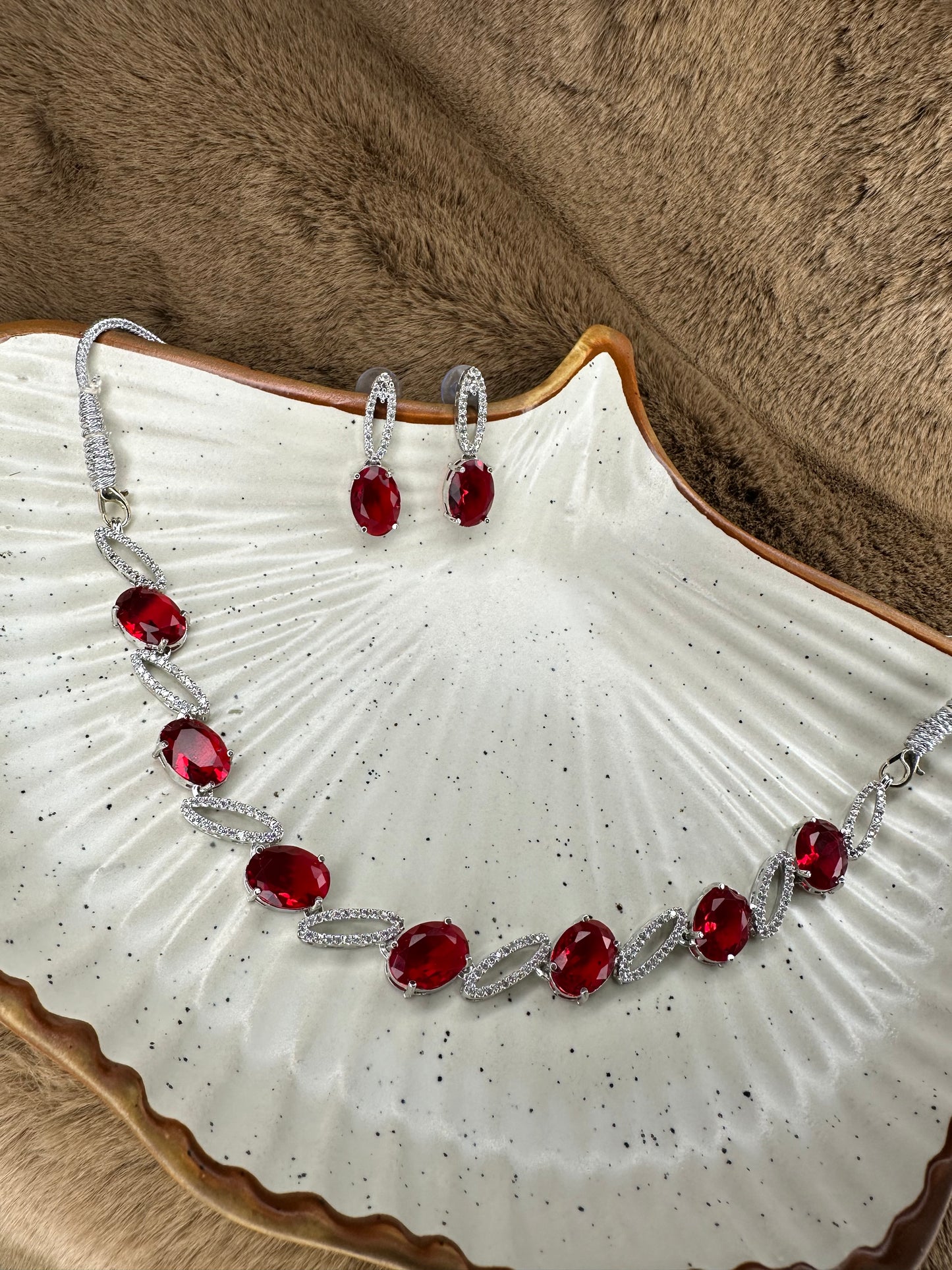 Red Stone & Diamond Necklace Earrings Set – Bridal Jewelry