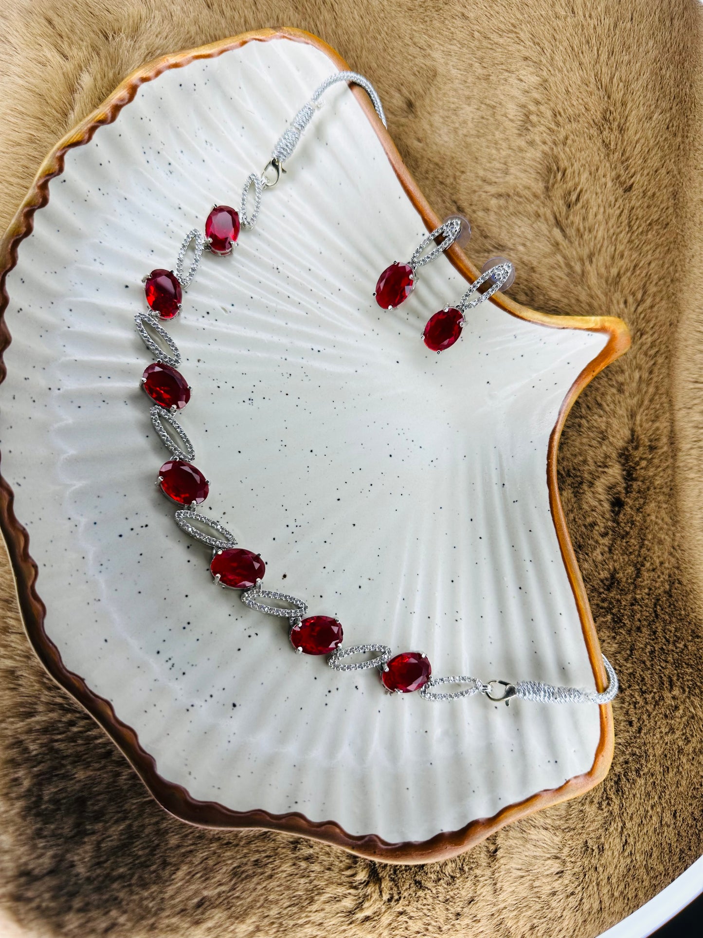 Red Stone & Diamond Necklace Earrings Set – Bridal Jewelry