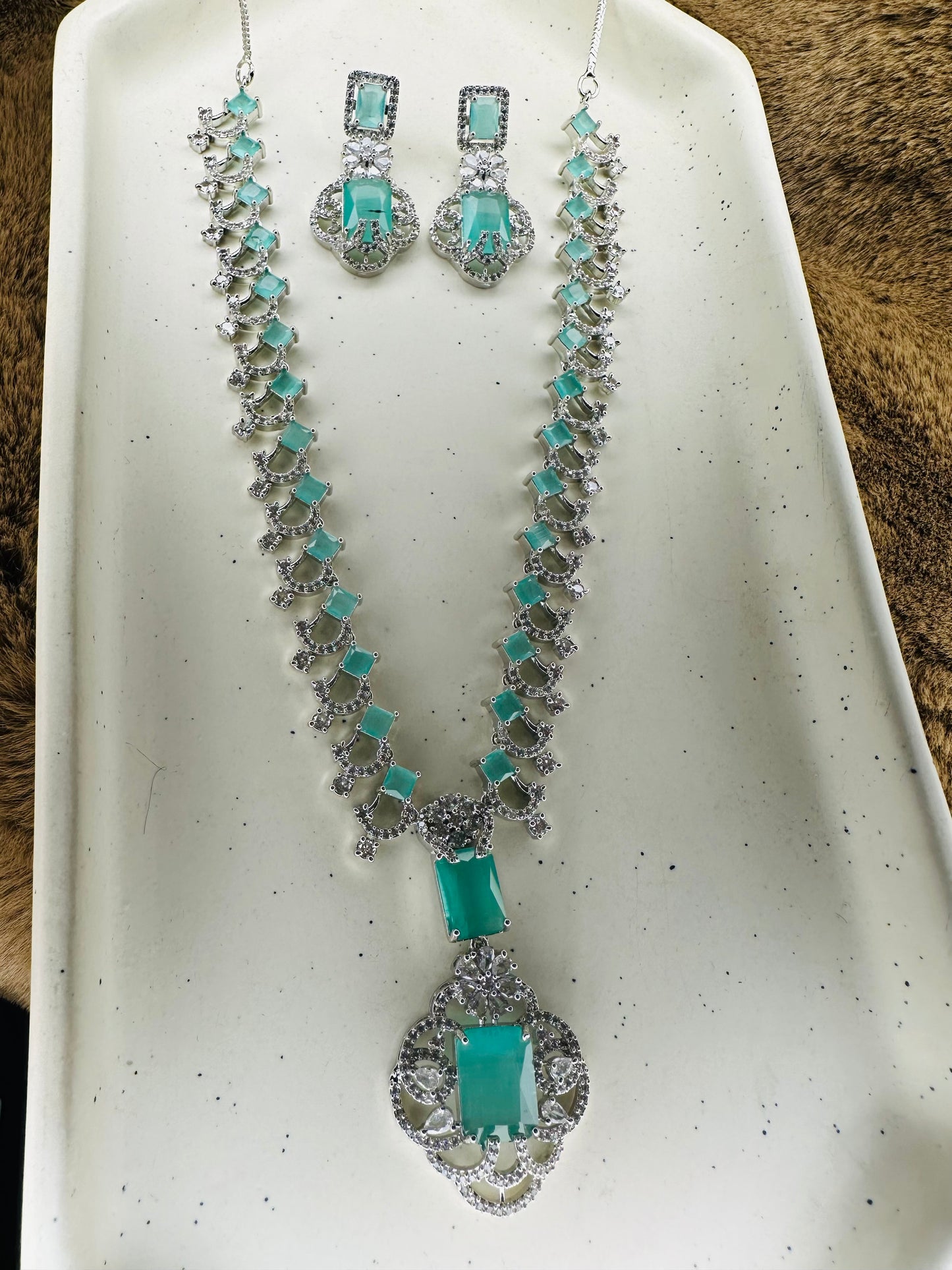 Elegant Emerald Green American Diamond Necklace & Earrings Set