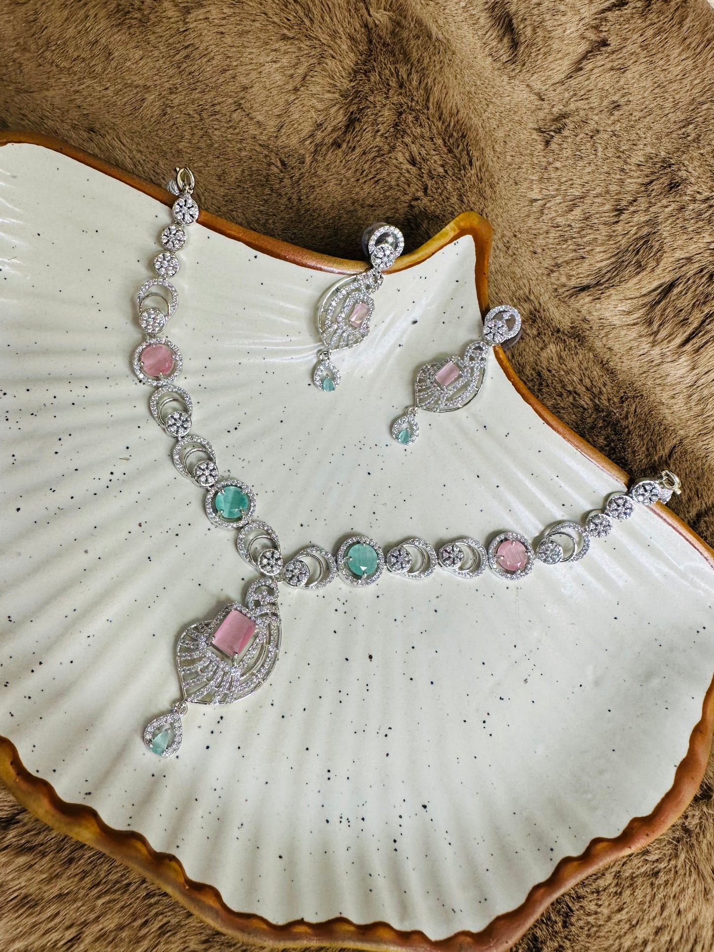 Multicolor Stone Necklace & Earrings Set – Silver Finish Jewelry