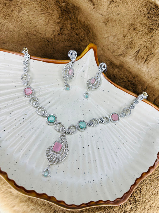 Multicolor Stone Necklace & Earrings Set – Silver Finish Jewelry