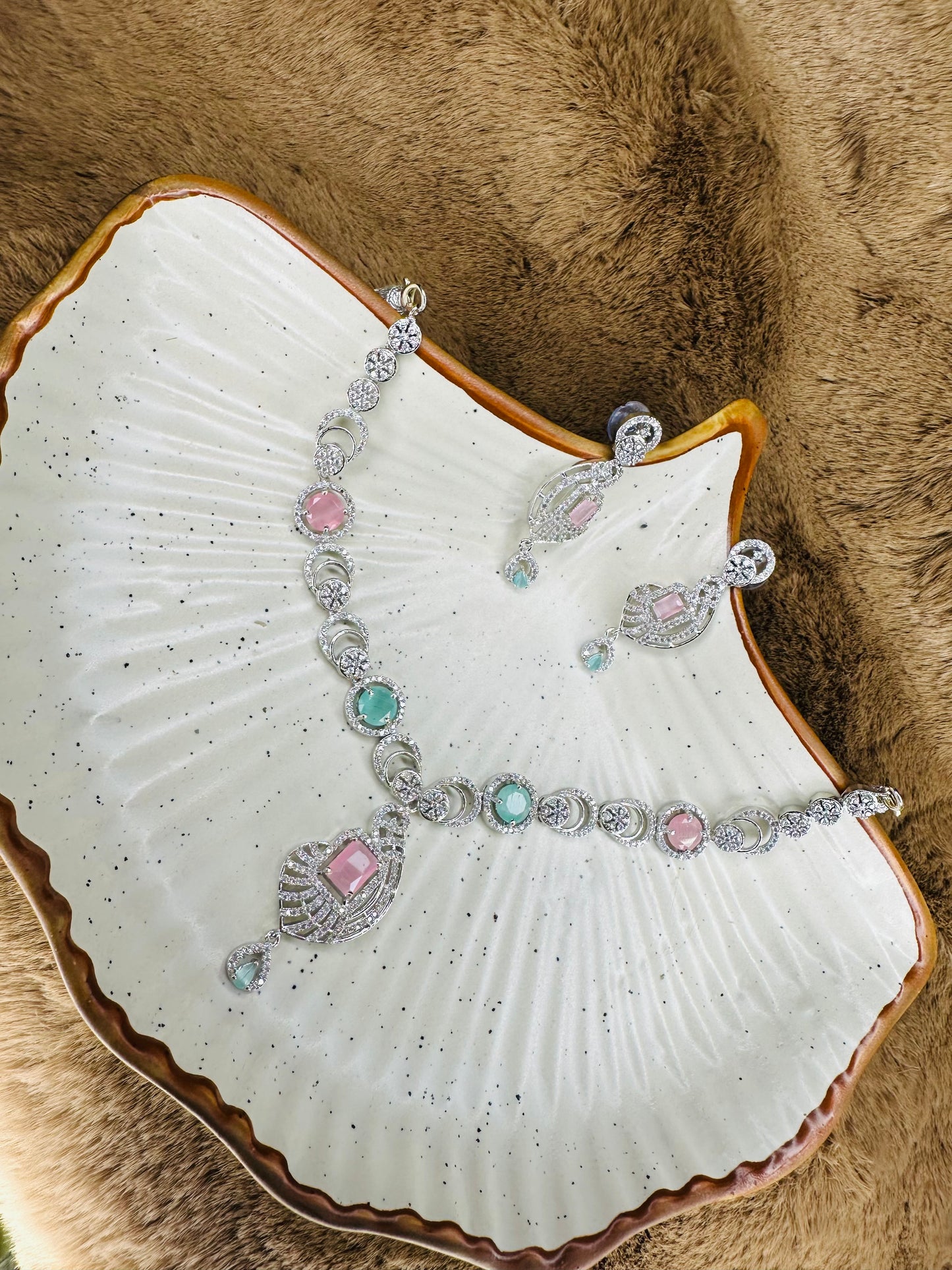 Multicolor Stone Necklace & Earrings Set – Silver Finish Jewelry
