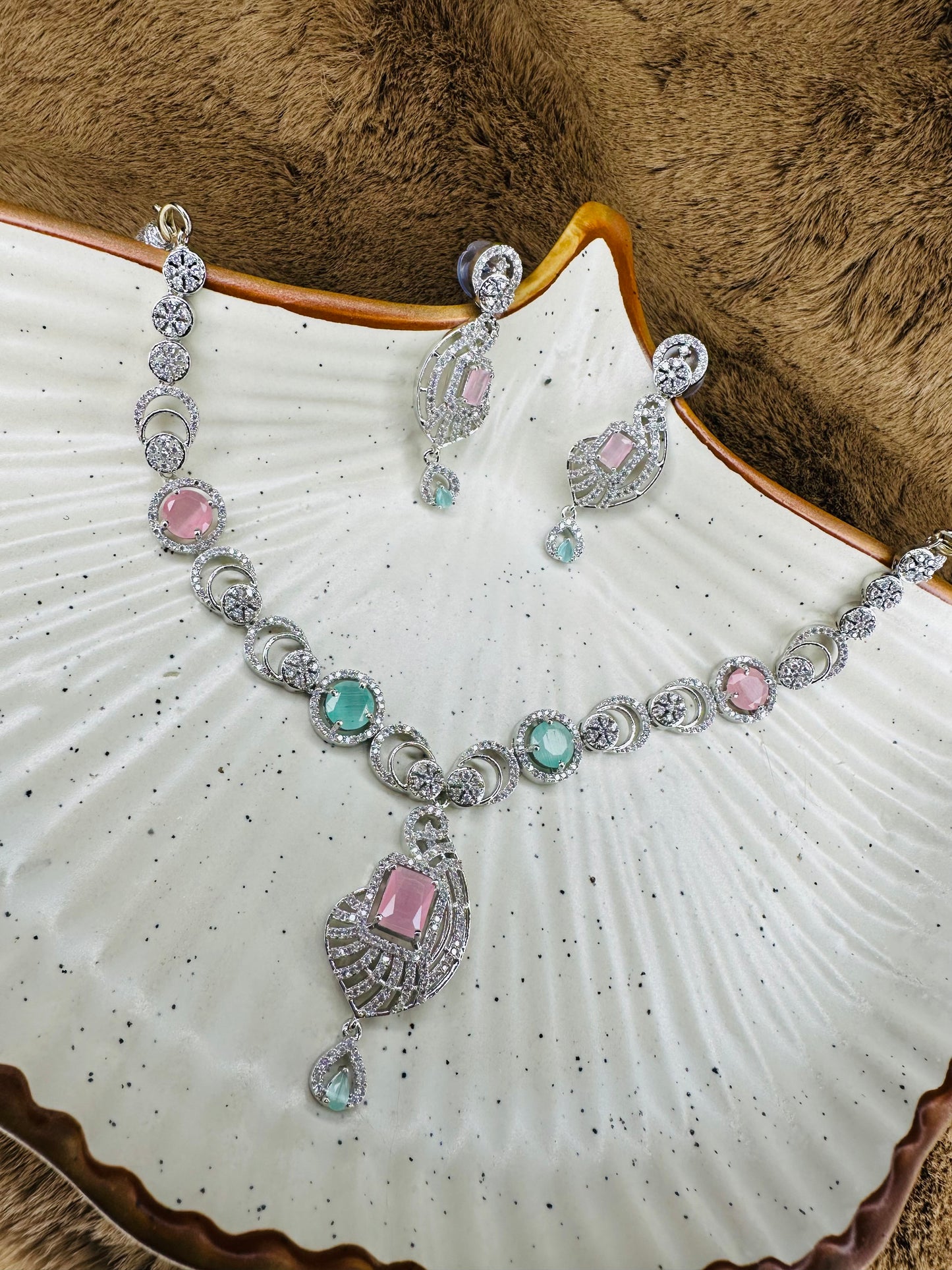 Multicolor Stone Necklace & Earrings Set – Silver Finish Jewelry