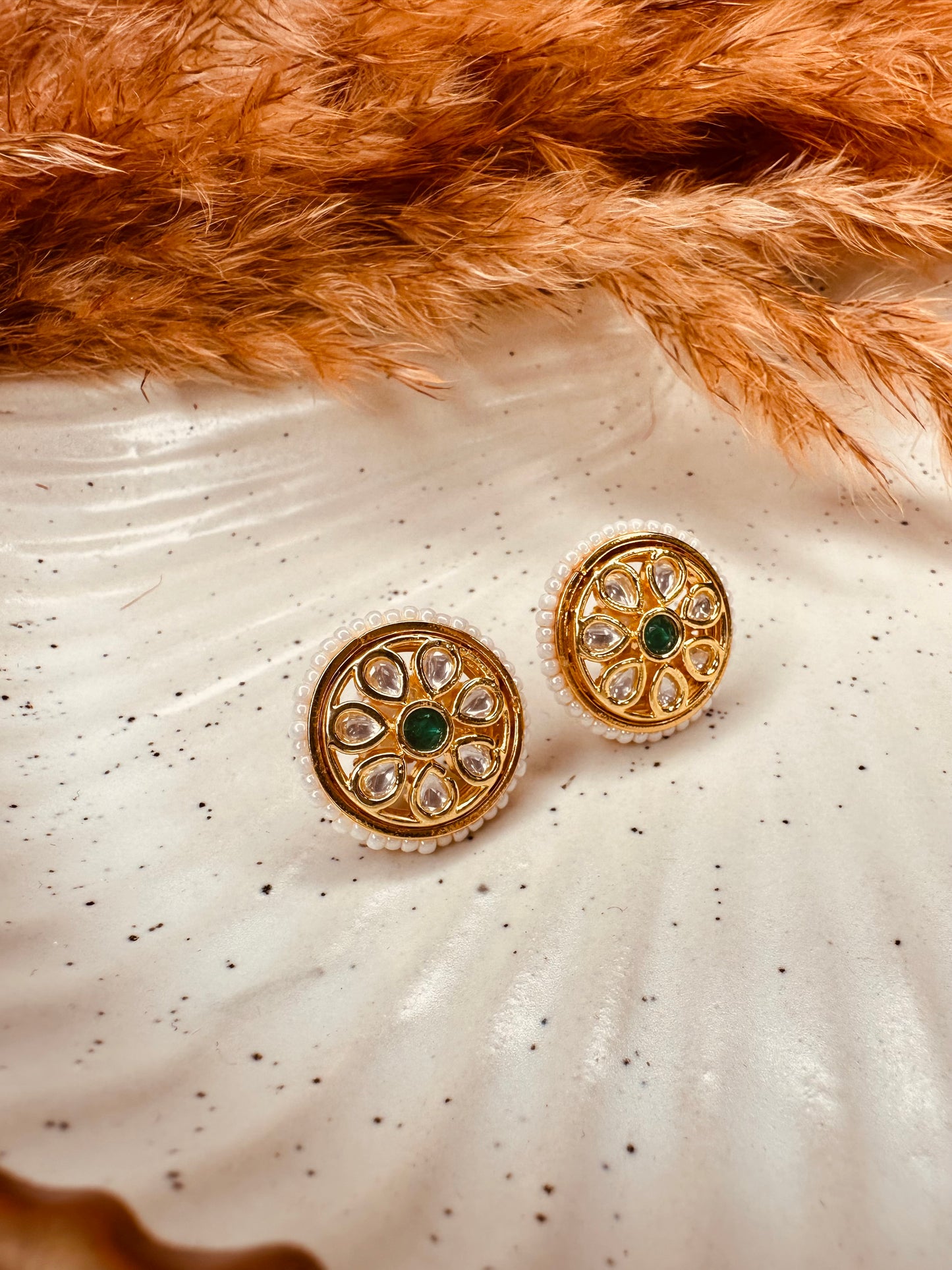 HeyBae Green Kundan & Pearl Big Stud Earrings – Gold Plated