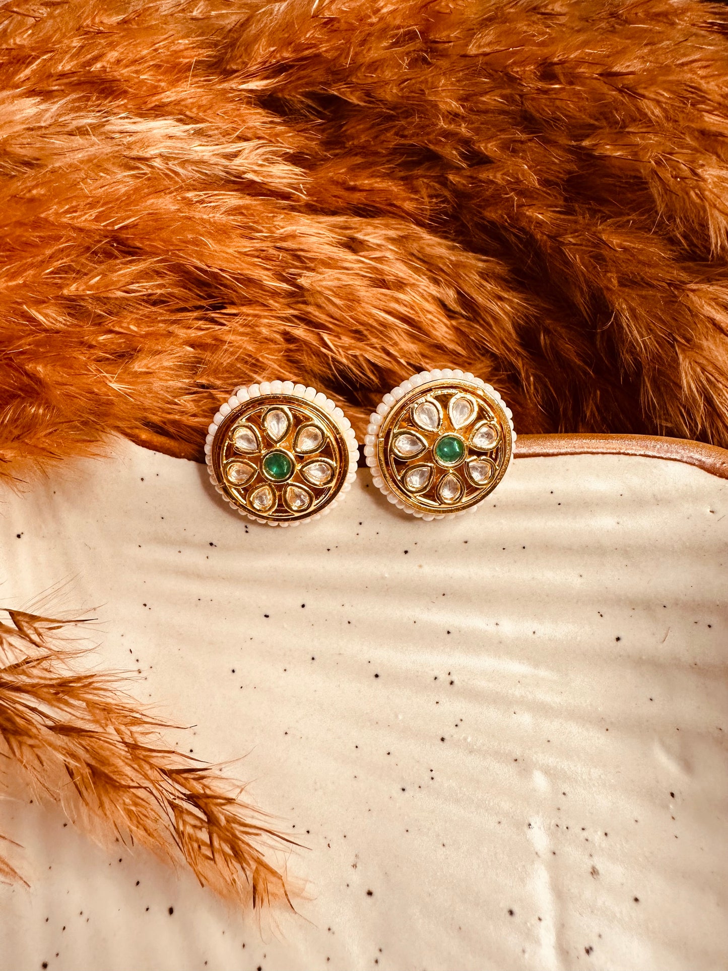 HeyBae Green Kundan & Pearl Big Stud Earrings – Gold Plated