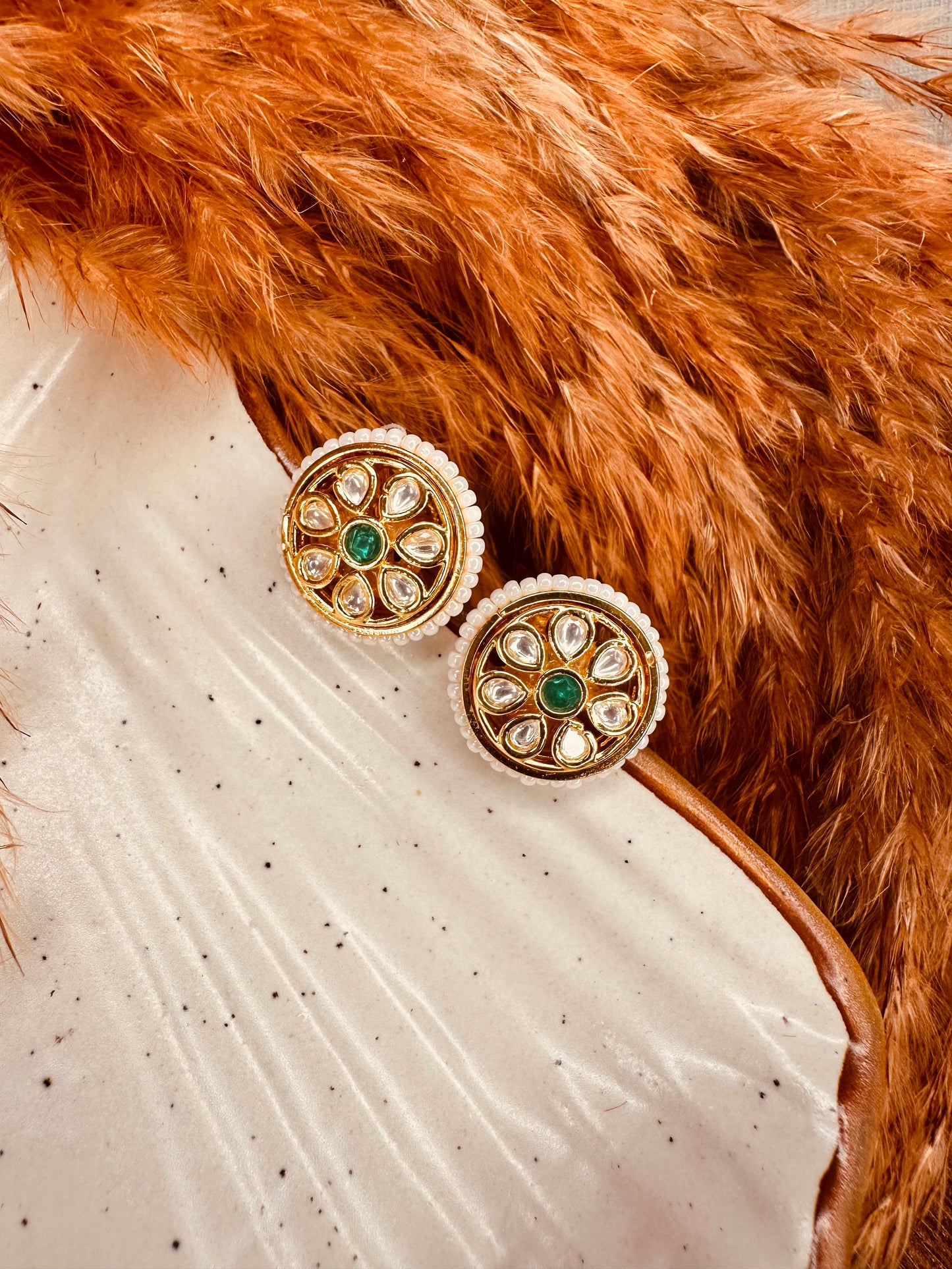 HeyBae Green Kundan & Pearl Big Stud Earrings – Gold Plated