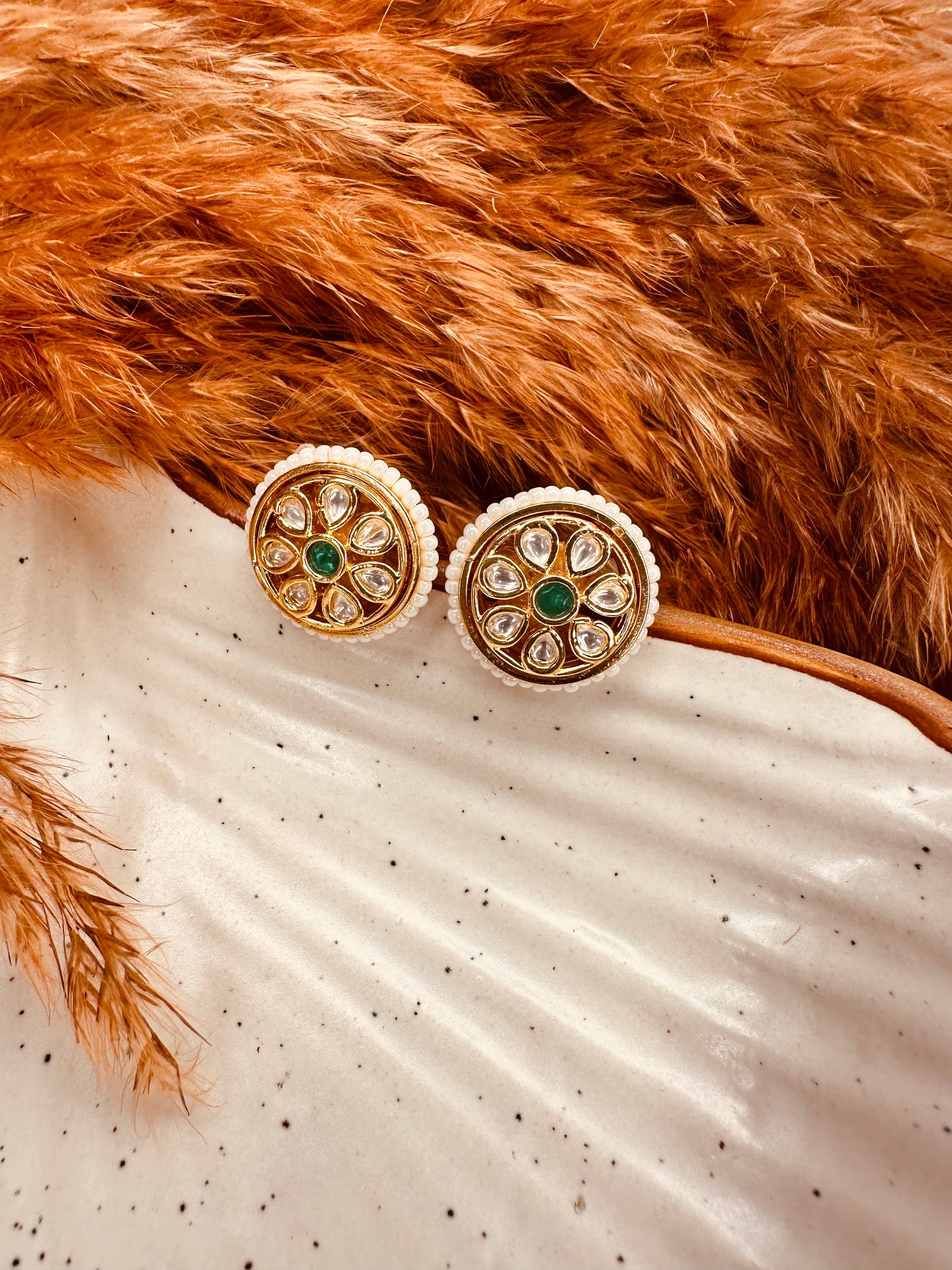 HeyBae Green Kundan & Pearl Big Stud Earrings – Gold Plated