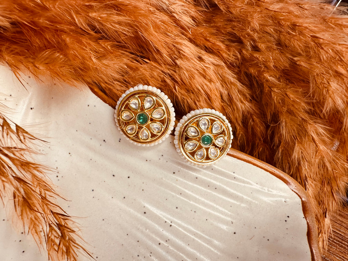 HeyBae Green Kundan & Pearl Big Stud Earrings – Gold Plated