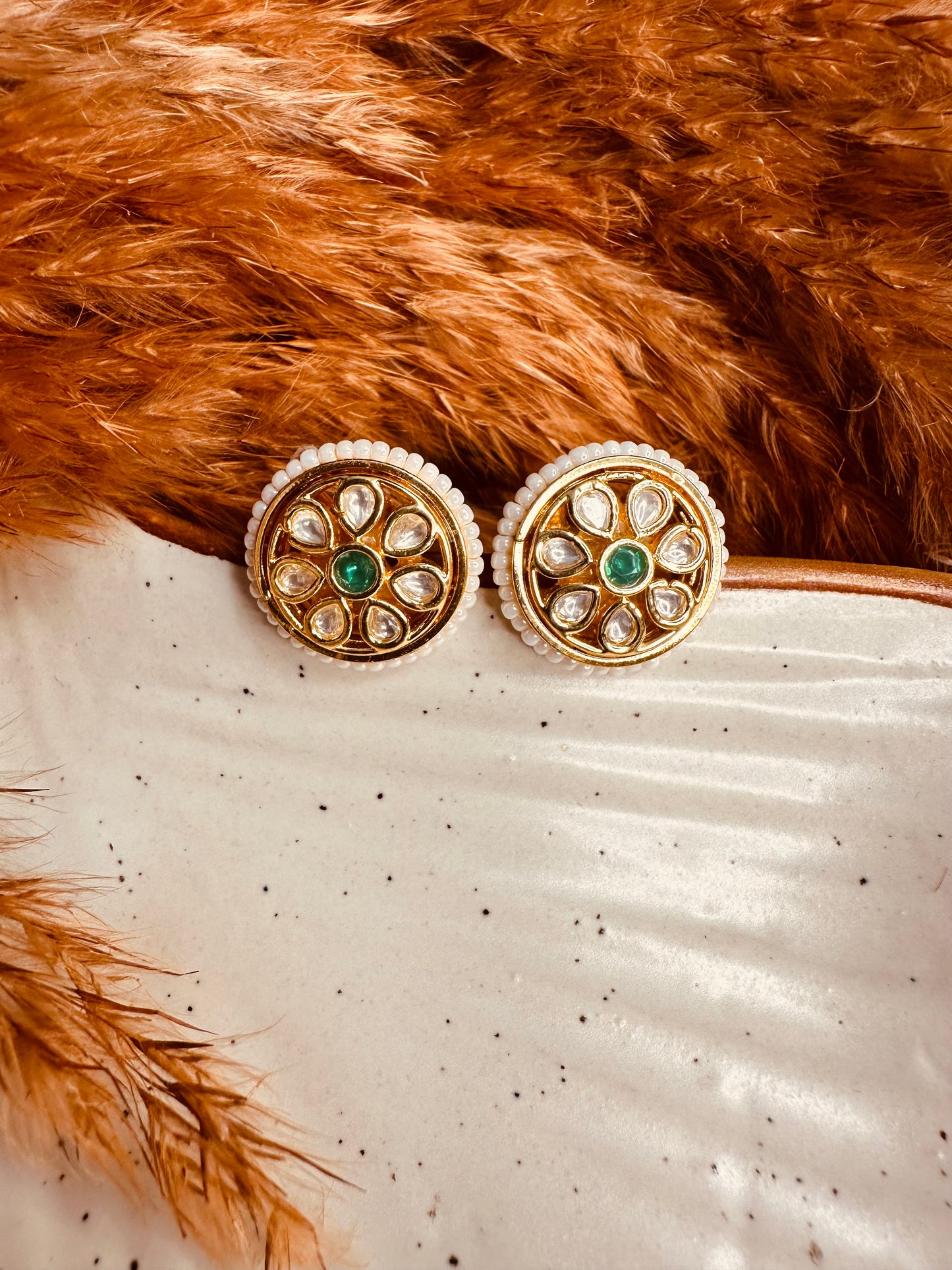 HeyBae Green Kundan & Pearl Big Stud Earrings – Gold Plated