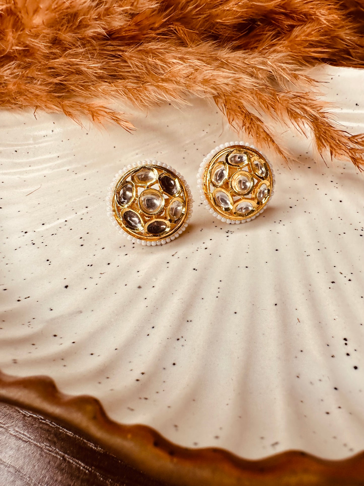 HeyBae Kundan & Pearl Big Stud Earrings – Gold Plated