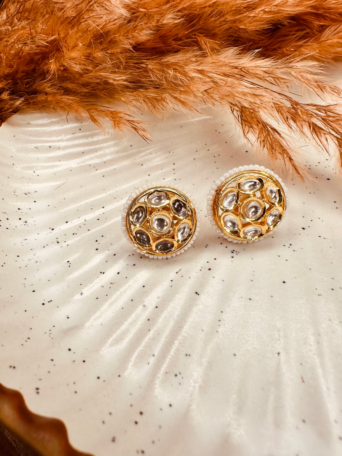 HeyBae Kundan & Pearl Big Stud Earrings – Gold Plated