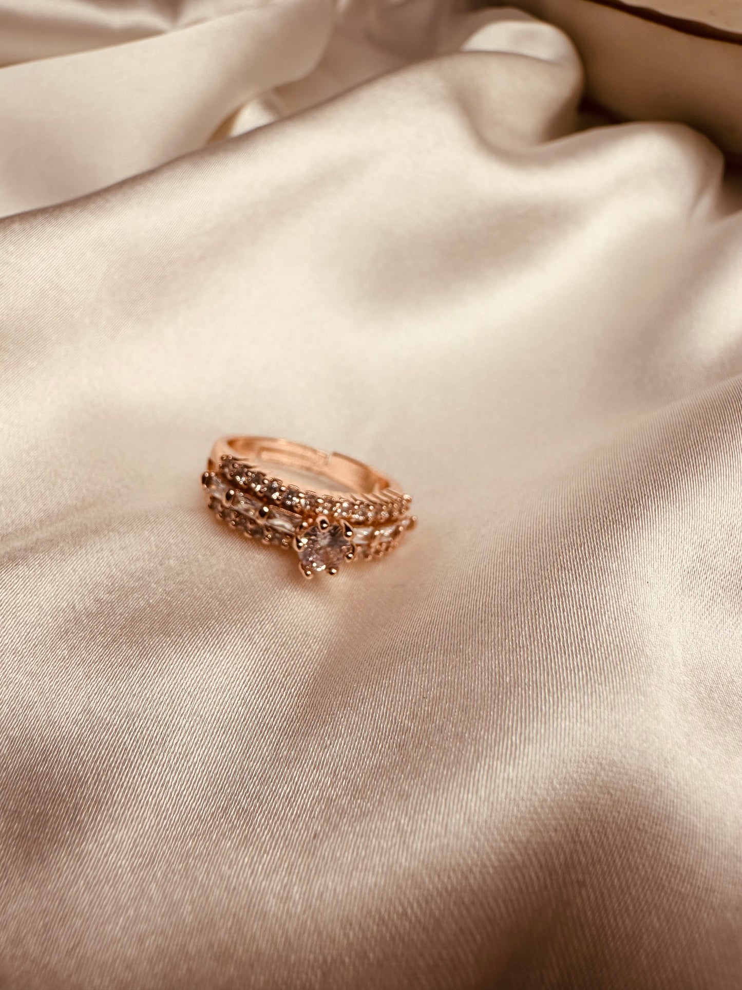Rose Gold Solitaire Ring – Adjustable AD Studded Design