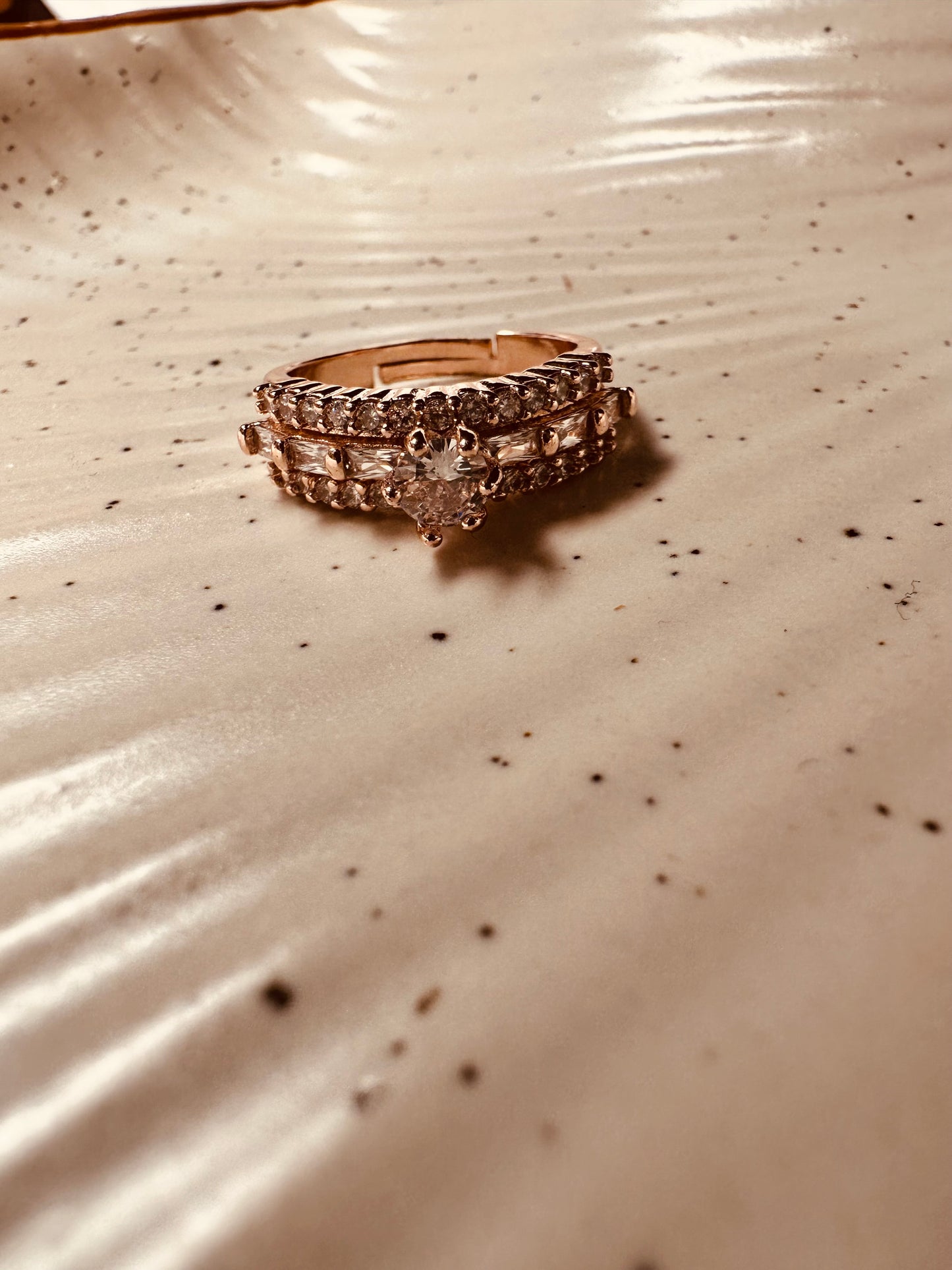 Rose Gold Solitaire Ring – Adjustable AD Studded Design