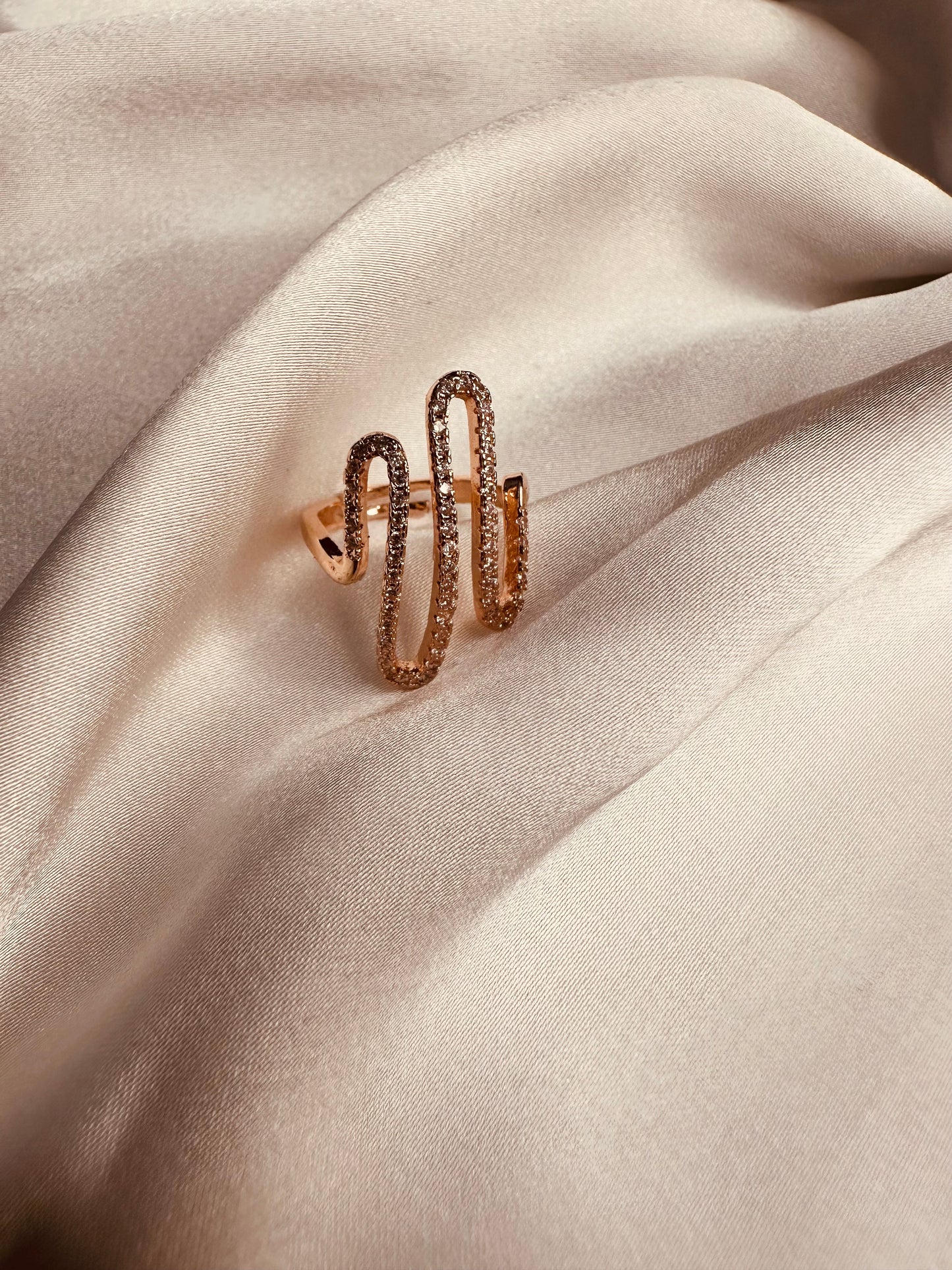 Designer Adjustable AD Studded Wave Ring – Rose Gold