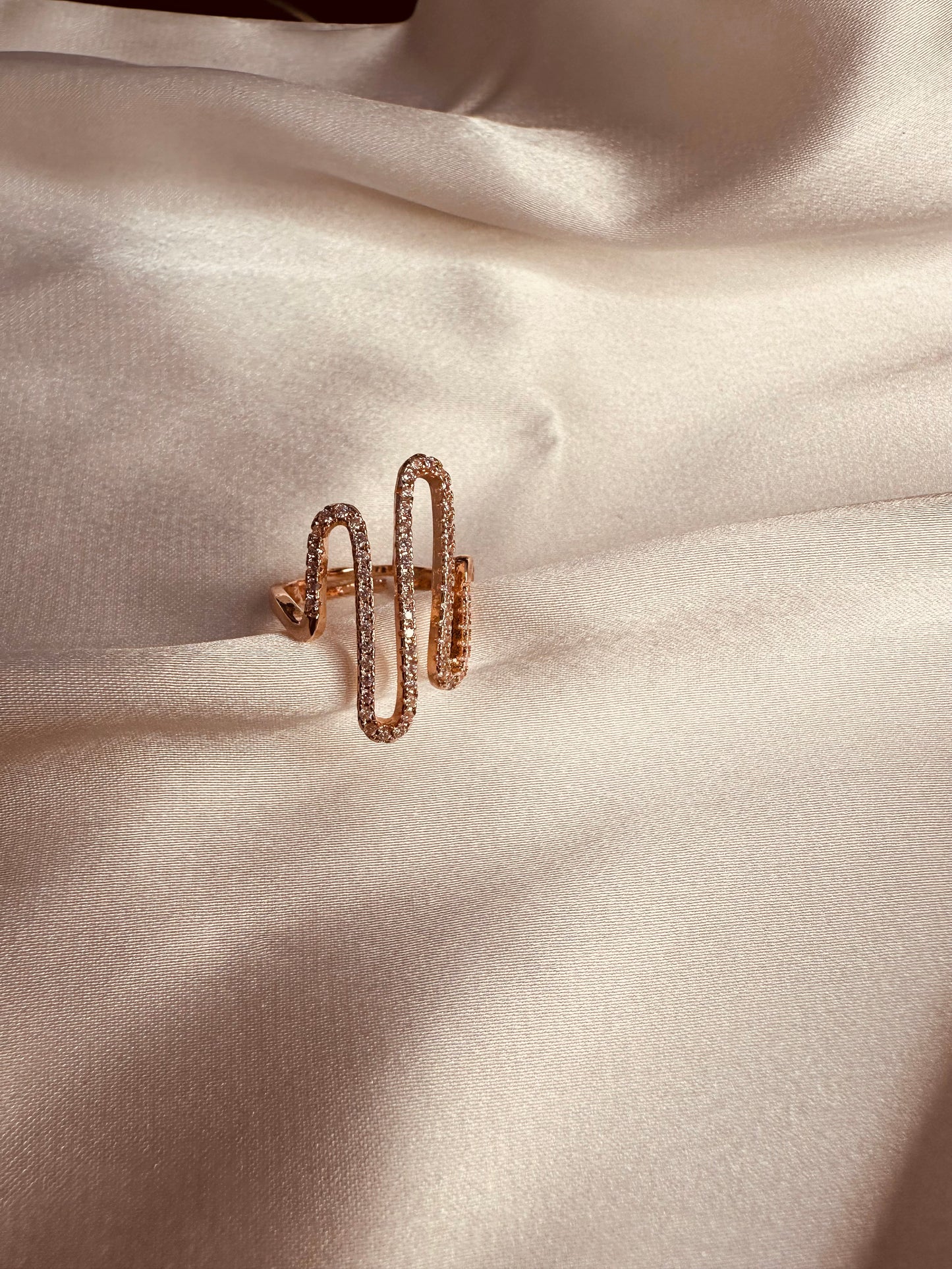 Designer Adjustable AD Studded Wave Ring – Rose Gold