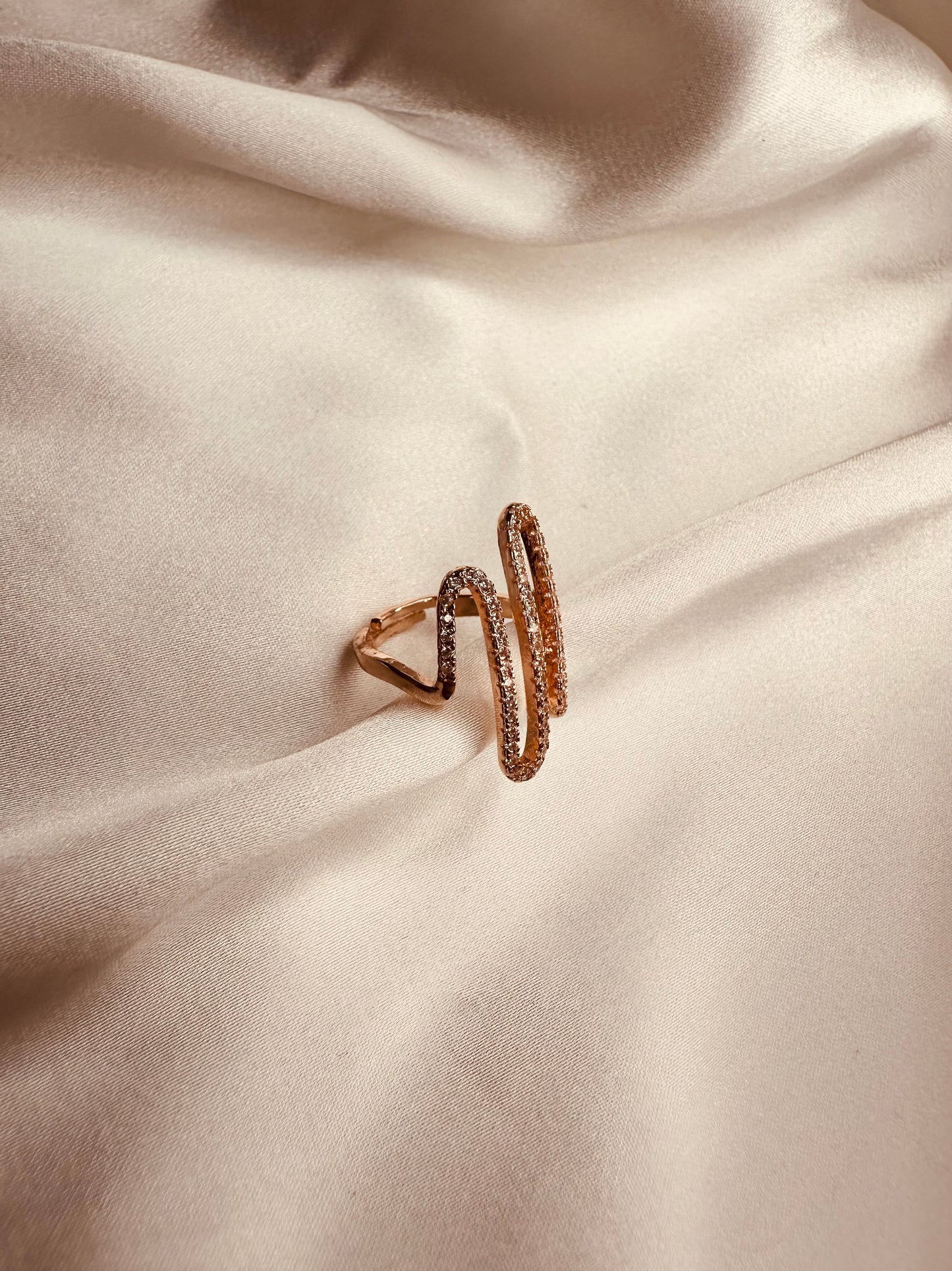 Designer Adjustable AD Studded Wave Ring – Rose Gold