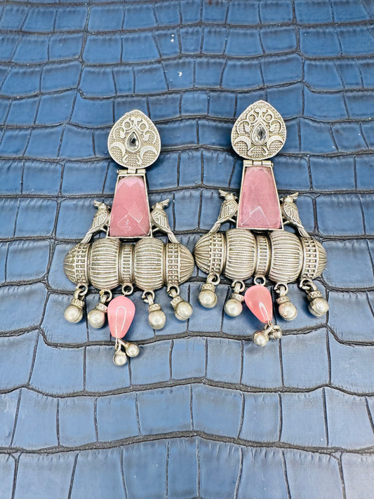 Oxidised Bird Design Earrings – Antique Silver Pink Drop Jhumkas