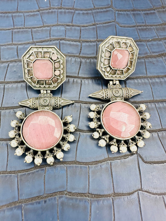 Oxidised Pink Round Drop Earrings – Antique Silver Statement Jhumkas