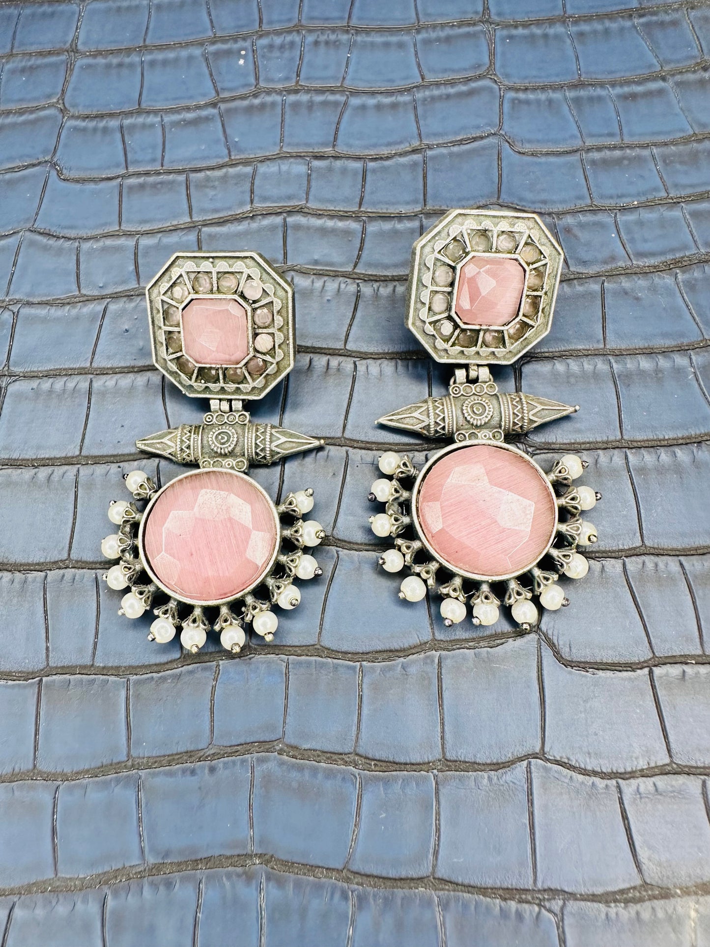 Oxidised Pink Round Drop Earrings – Antique Silver Statement Jhumkas