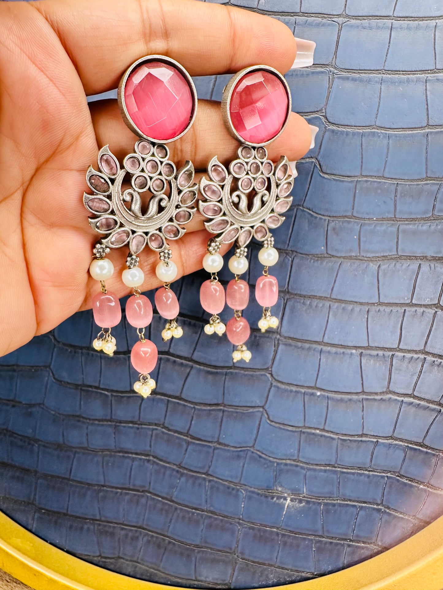 Pink Stone Oxidised Earrings – Statement Ethnic Earrings for Women