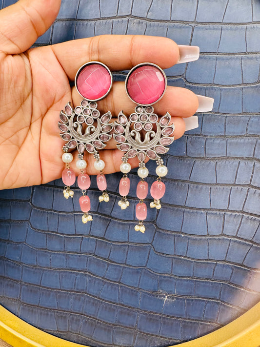Pink Stone Oxidised Earrings – Statement Ethnic Earrings for Women