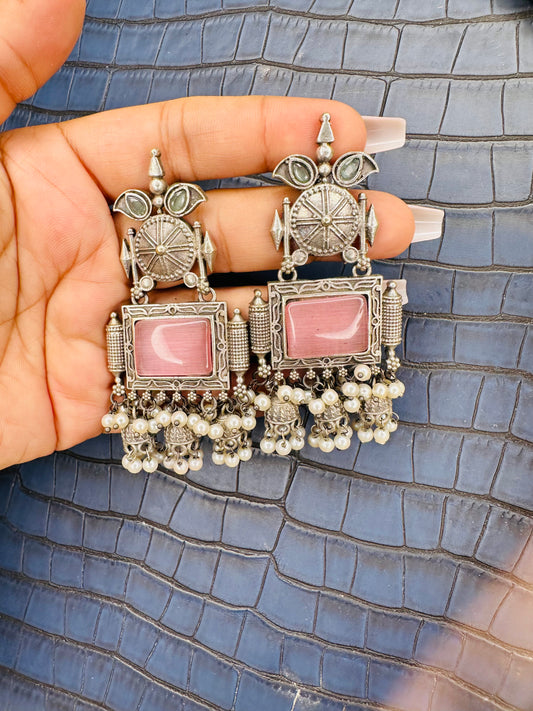 Oxidised Pink Stone Temple Earrings – Antique Ethnic Jhumkas
