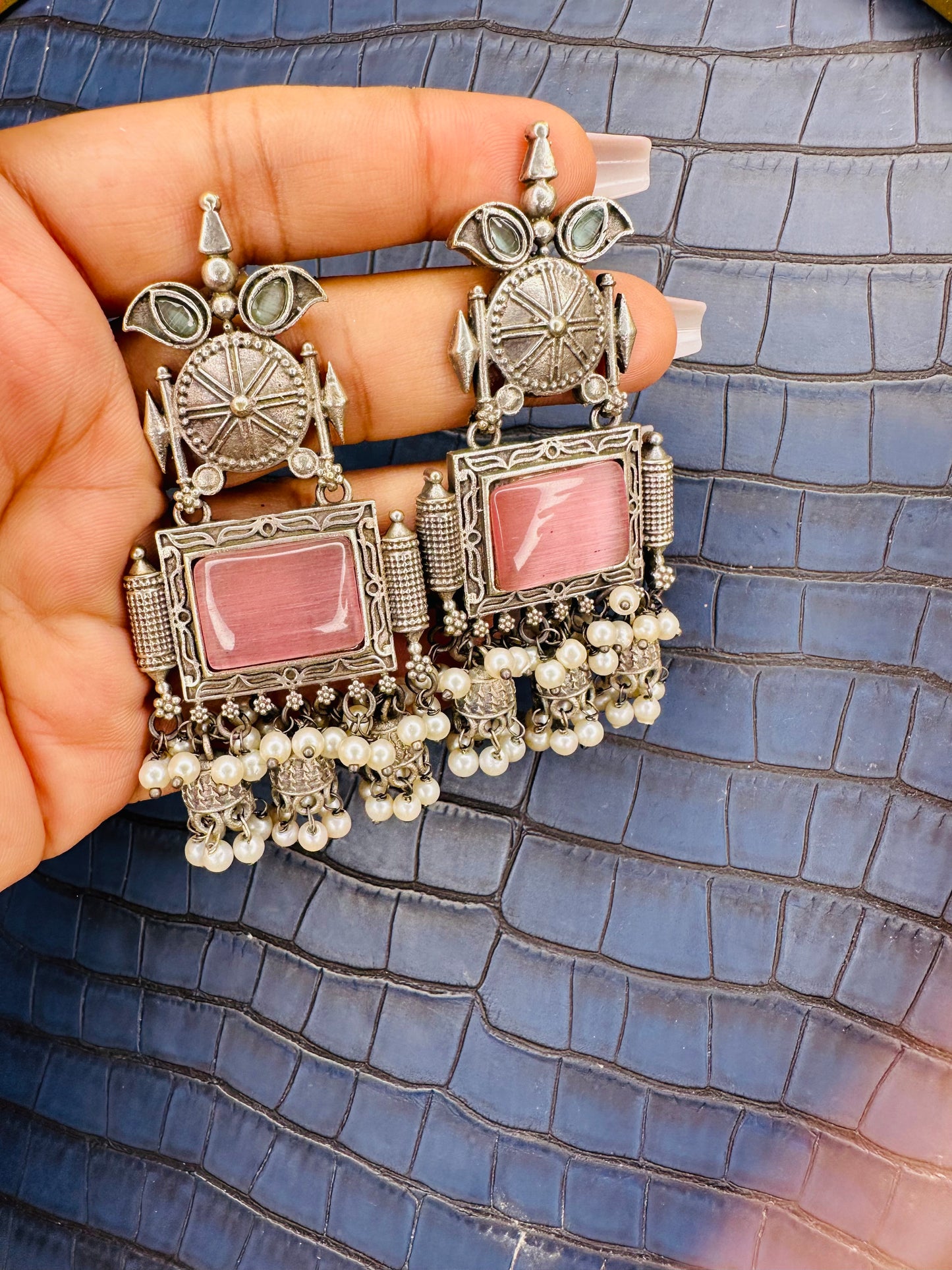 Oxidised Pink Stone Temple Earrings – Antique Ethnic Jhumkas