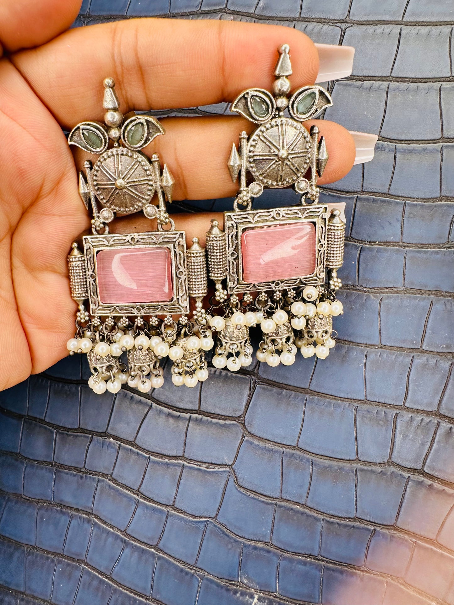 Oxidised Pink Stone Temple Earrings – Antique Ethnic Jhumkas