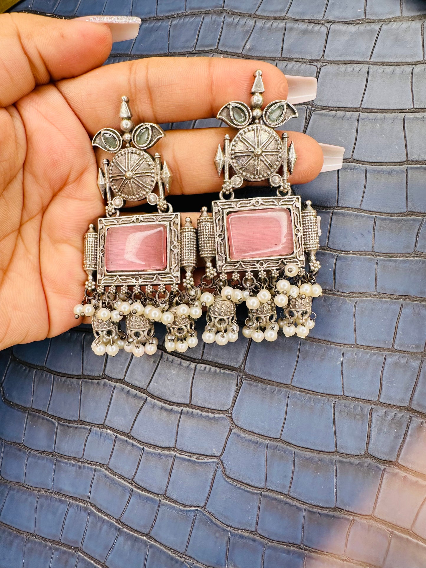Oxidised Pink Stone Temple Earrings – Antique Ethnic Jhumkas