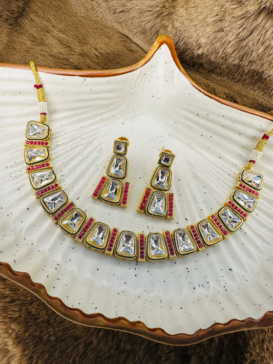 Rectangle Kundan Earrings with Ruby Side Bars