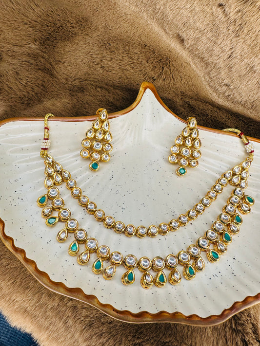 Layered kundan with green drop detail