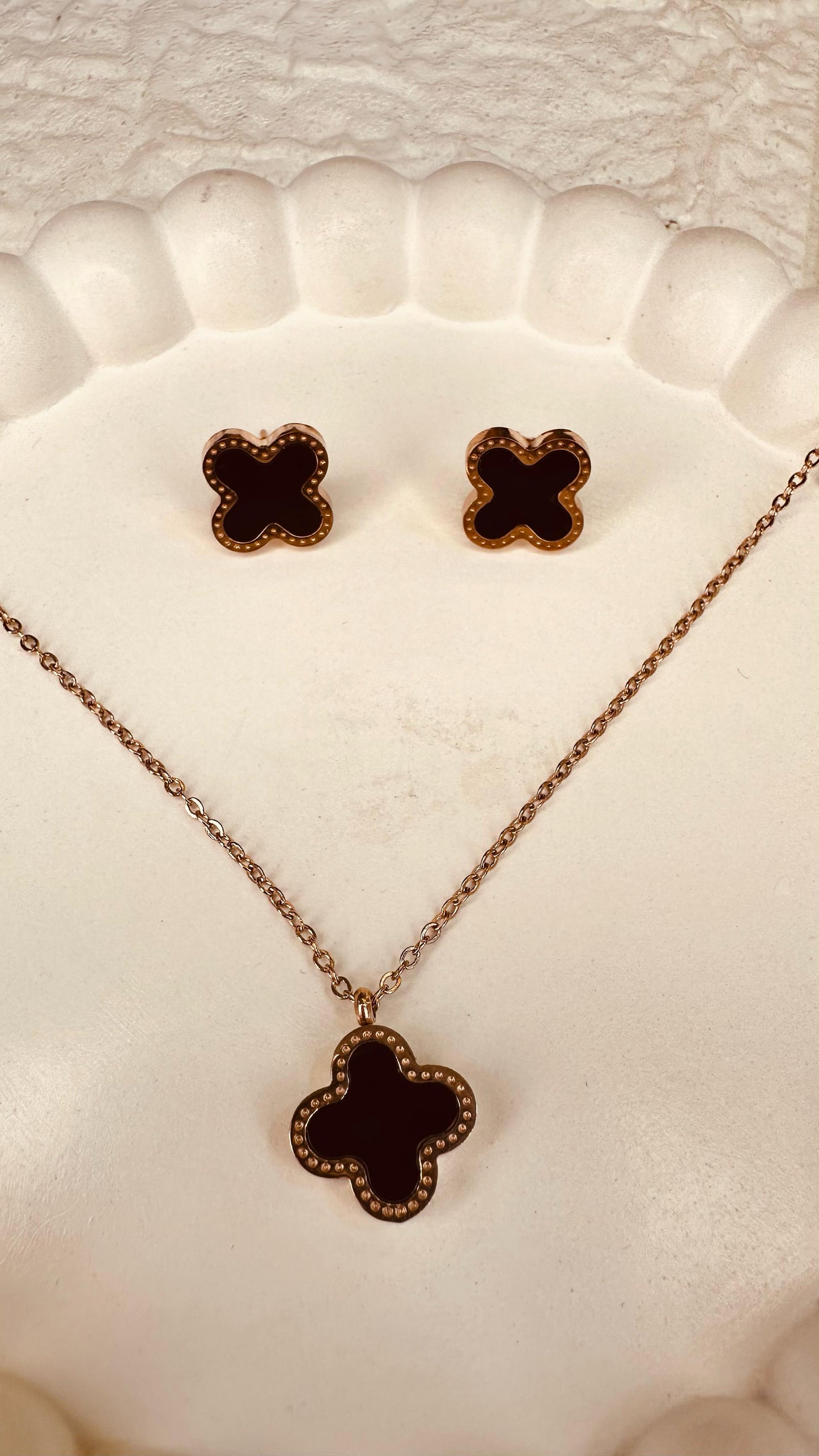 Black Clover Pendant Necklace Set – Earrings & Pendant Combo for Women