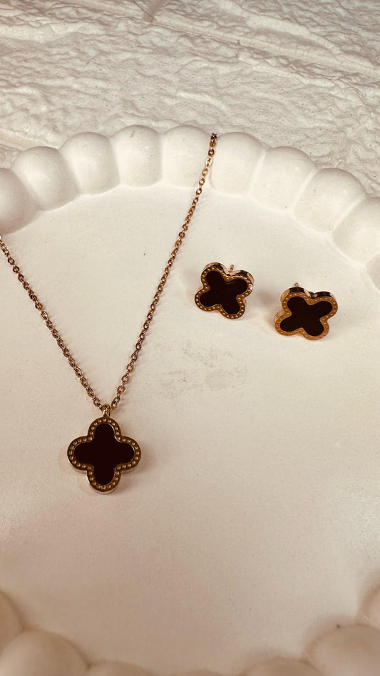 Black Clover Pendant Necklace Set – Earrings & Pendant Combo for Women