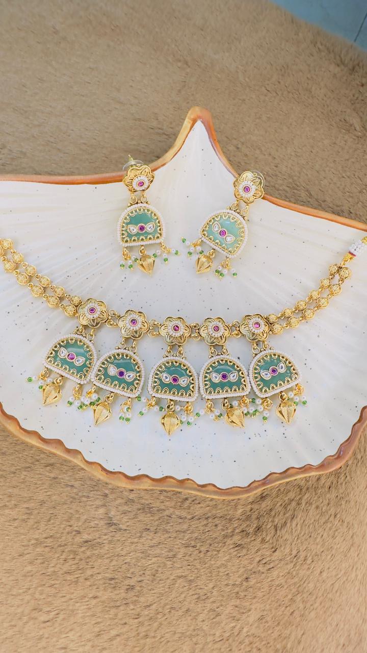 Hey Bae Mint Green Meenakari & Gold Choker Necklace Set with Pearls