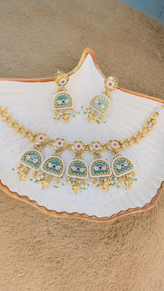 Hey Bae Mint Green Meenakari & Gold Choker Necklace Set with Pearls