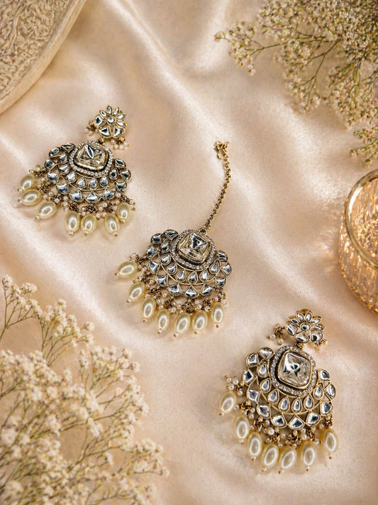 Hey Bae White Pearl Kundan Multi-Strand Rani Haar Set with Earrings & Maang Tikka – Handcrafted Gold Plated Bridal Jewelry